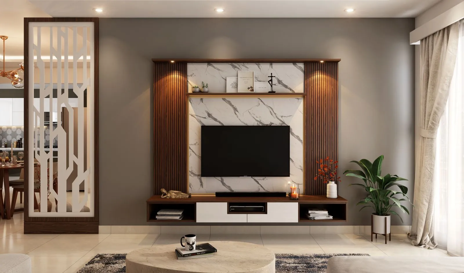Sala com painel de TV planejado, rack suspenso e divisória vazada